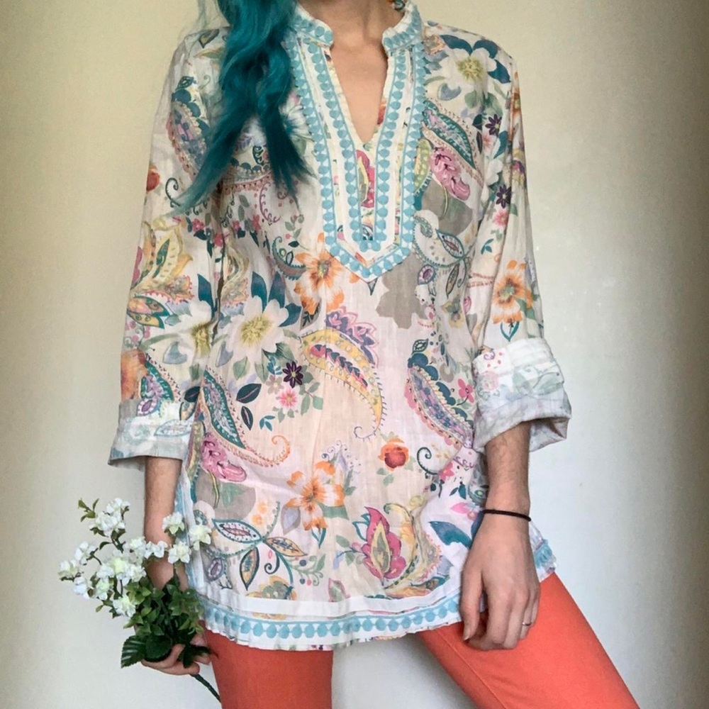 Floral Linen boutique tunic blouse